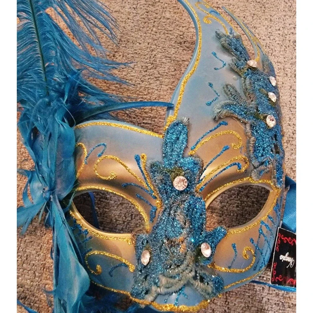 Stunning Venetian Blue & Gold Feathers Masquerade Mask Gruppo Venezia #NWT Italy
